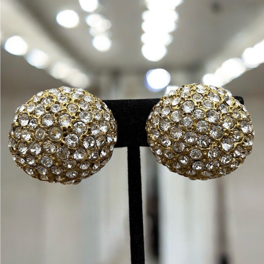 Vintage Oscar De La Renta Gold Crystal Dome Clip-On Earrings - Elegant